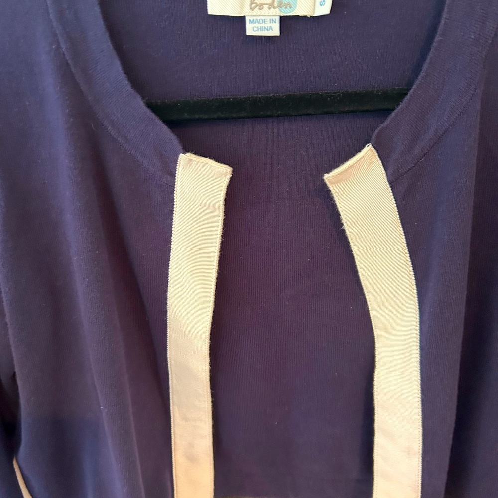 Boden navy cropped cardigan with white ribbon